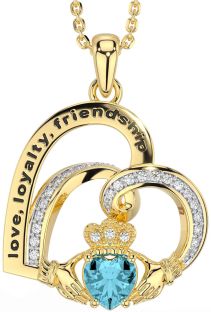 Diamond Aquamarine Gold Celtic Claddagh Heart Irish "Love, Loyalty, & Friendship" Necklace