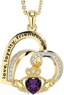 Diamond Alexandrite Gold Celtic Claddagh Heart Irish "Love, Loyalty, & Friendship" Necklace