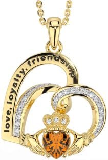 Diamond Citrine Gold Celtic Claddagh Heart Irish "Love, Loyalty, & Friendship" Necklace