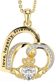 Diamond Gold Celtic Claddagh Heart Irish "Love, Loyalty, & Friendship" Necklace