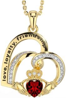 Diamond Garnet Gold Celtic Claddagh Heart Irish "Love, Loyalty, & Friendship" Necklace