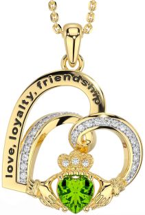 Diamond Peridot Gold Celtic Claddagh Heart Irish "Love, Loyalty, & Friendship" Necklace