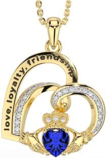 Diamond Sapphire Gold Celtic Claddagh Heart Irish "Love, Loyalty, & Friendship" Necklace