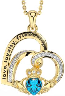 Diamond Topaz Gold Celtic Claddagh Heart Irish "Love, Loyalty, & Friendship" Necklace