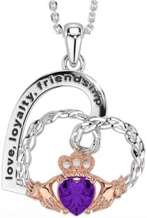 Diamond Amethyst Rose Gold Silver Celtic Claddagh Heart Irish "Love, Loyalty, & Friendship" Necklace