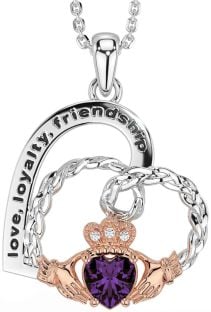 Diamond Alexandrite Rose Gold Silver Celtic Claddagh Heart Irish "Love, Loyalty, & Friendship" Necklace