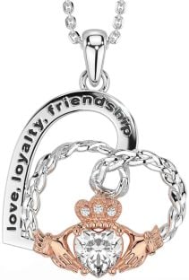 Diamond Rose Gold Silver Celtic Claddagh Heart Irish "Love, Loyalty, & Friendship" Necklace