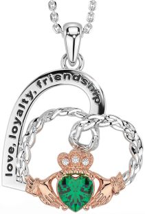 Diamond Emerald Rose Gold Silver Celtic Claddagh Heart Irish "Love, Loyalty, & Friendship" Necklace