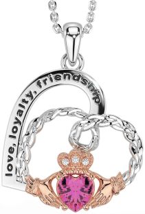 Diamond Pink Tourmaline Rose Gold Silver Celtic Claddagh Heart Irish "Love, Loyalty, & Friendship" Necklace