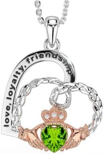 Diamond Peridot Rose Gold Silver Celtic Claddagh Heart Irish "Love, Loyalty, & Friendship" Necklace