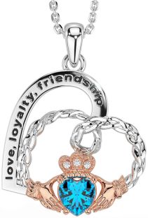 Diamond Topaz Rose Gold Silver Celtic Claddagh Heart Irish "Love, Loyalty, & Friendship" Necklace