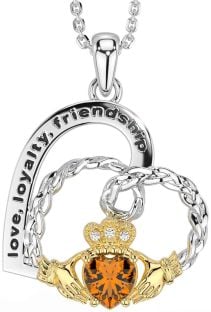 Diamond Citrine Gold Silver Celtic Claddagh Heart Irish "Love, Loyalty, & Friendship" Necklace