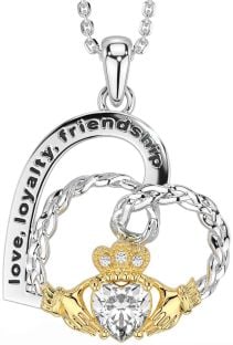 Diamond Gold Silver Celtic Claddagh Heart Irish "Love, Loyalty, & Friendship" Necklace