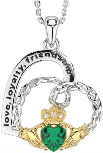 Diamond Emerald Gold Silver Celtic Claddagh Heart Irish "Love, Loyalty, & Friendship" Necklace