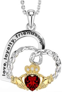 Diamond Garnet Gold Silver Celtic Claddagh Heart Irish "Love, Loyalty, & Friendship" Necklace