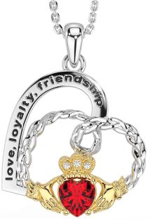 Diamond Ruby Gold Silver Celtic Claddagh Heart Irish "Love, Loyalty, & Friendship" Necklace