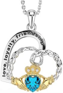 Diamond Topaz Gold Silver Celtic Claddagh Heart Irish "Love, Loyalty, & Friendship" Necklace