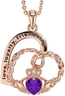 Diamond Amethyst Rose Gold Silver Celtic Claddagh Heart Irish "Love, Loyalty, & Friendship" Necklace