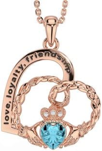 Diamond Aquamarine Rose Gold Silver Celtic Claddagh Heart Irish "Love, Loyalty, & Friendship" Necklace