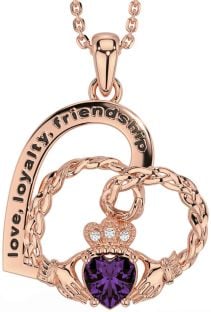 Diamond Alexandrite Rose Gold Silver Celtic Claddagh Heart Irish "Love, Loyalty, & Friendship" Necklace