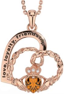 Diamond Citrine Rose Gold Silver Celtic Claddagh Heart Irish "Love, Loyalty, & Friendship" Necklace