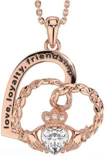 Diamond Rose Gold Silver Celtic Claddagh Heart Irish "Love, Loyalty, & Friendship" Necklace