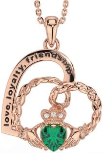 Diamond Emerald Rose Gold Silver Celtic Claddagh Heart Irish "Love, Loyalty, & Friendship" Necklace