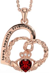 Diamond Garnet Rose Gold Silver Celtic Claddagh Heart Irish "Love, Loyalty, & Friendship" Necklace