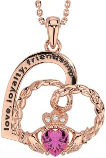 Diamond Pink Tourmaline Rose Gold Silver Celtic Claddagh Heart Irish "Love, Loyalty, & Friendship" Necklace