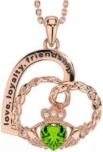 Diamond Peridot Rose Gold Silver Celtic Claddagh Heart Irish "Love, Loyalty, & Friendship" Necklace