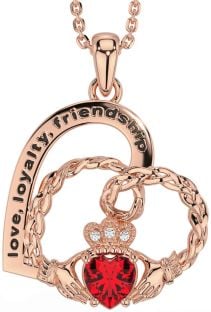 Diamond Ruby Rose Gold Silver Celtic Claddagh Heart Irish "Love, Loyalty, & Friendship" Necklace