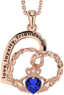 Diamond Sapphire Rose Gold Silver Celtic Claddagh Heart Irish "Love, Loyalty, & Friendship" Necklace