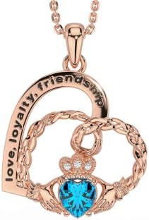 Diamond Topaz Rose Gold Silver Celtic Claddagh Heart Irish "Love, Loyalty, & Friendship" Necklace