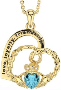 Diamond Aquamarine Gold Silver Celtic Claddagh Heart Irish "Love, Loyalty, & Friendship" Necklace