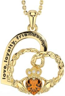 Diamond Citrine Gold Silver Celtic Claddagh Heart Irish "Love, Loyalty, & Friendship" Necklace