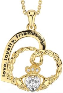 Diamond Gold Silver Celtic Claddagh Heart Irish "Love, Loyalty, & Friendship" Necklace