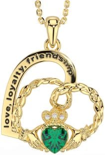 Diamond Emerald Gold Silver Celtic Claddagh Heart Irish "Love, Loyalty, & Friendship" Necklace