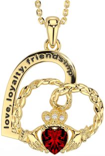 Diamond Garnet Gold Silver Celtic Claddagh Heart Irish "Love, Loyalty, & Friendship" Necklace