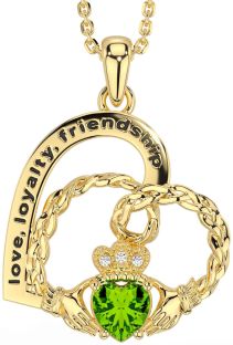 Diamond Peridot Gold Silver Celtic Claddagh Heart Irish "Love, Loyalty, & Friendship" Necklace