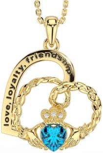 Diamond Topaz Gold Silver Celtic Claddagh Heart Irish "Love, Loyalty, & Friendship" Necklace