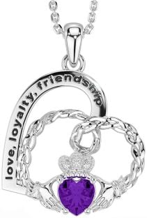 Diamond Amethyst Silver Celtic Claddagh Heart Irish "Love, Loyalty, & Friendship" Necklace