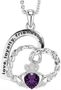 Diamond Alexandrite Silver Celtic Claddagh Heart Irish "Love, Loyalty, & Friendship" Necklace