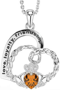 Diamond Citrine Silver Celtic Claddagh Heart Irish "Love, Loyalty, & Friendship" Necklace