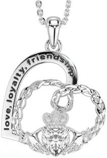 Diamond Silver Celtic Claddagh Heart Irish "Love, Loyalty, & Friendship" Necklace