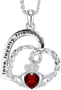 Diamond Garnet Silver Celtic Claddagh Heart Irish "Love, Loyalty, & Friendship" Necklace