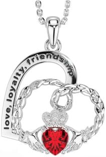 Diamond Ruby Silver Celtic Claddagh Heart Irish "Love, Loyalty, & Friendship" Necklace