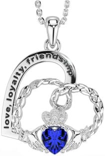 Diamond Sapphire Silver Celtic Claddagh Heart Irish "Love, Loyalty, & Friendship" Necklace