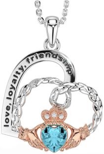 Diamond Aquamarine Rose Gold Silver Celtic Claddagh Heart Irish "Love, Loyalty, & Friendship" Necklace