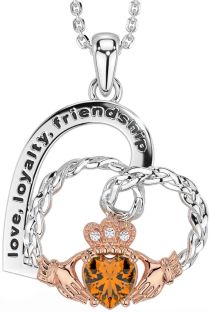 Diamond Citrine Rose Gold Silver Celtic Claddagh Heart Irish "Love, Loyalty, & Friendship" Necklace