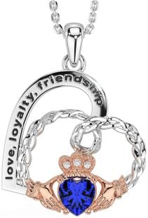 Diamond Sapphire Rose Gold Silver Celtic Claddagh Heart Irish "Love, Loyalty, & Friendship" Necklace